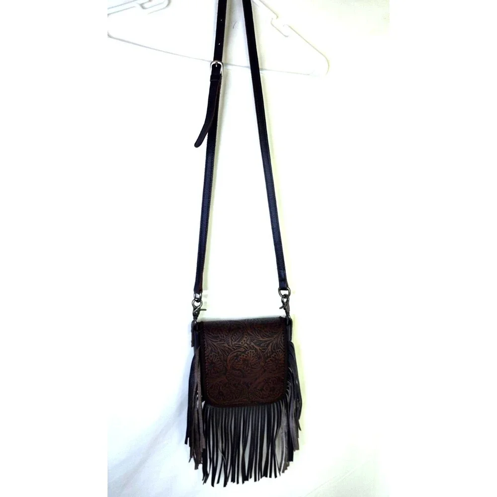 Mountain West Tooled Leather Crossbody Purse, Small, Fringed Dark Brown Handbag